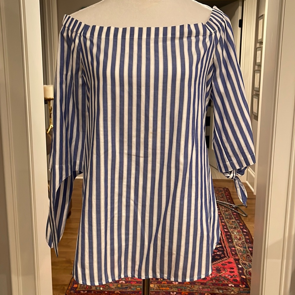 Blue and white stripe off the shoulder top